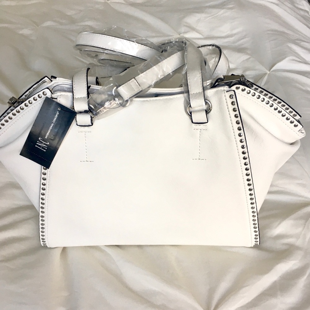 INC White Leather Studded Hans Bag with Strap